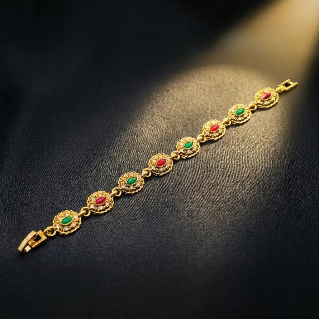 Vintage Filigree Bracelet for Women, Gold-Plated Bohemian Chain Link Style with Colorful Gems, 1-Piece Arm Candy for Anniversary & Valentines Day, Accessory Goals, Gold Aesthetic