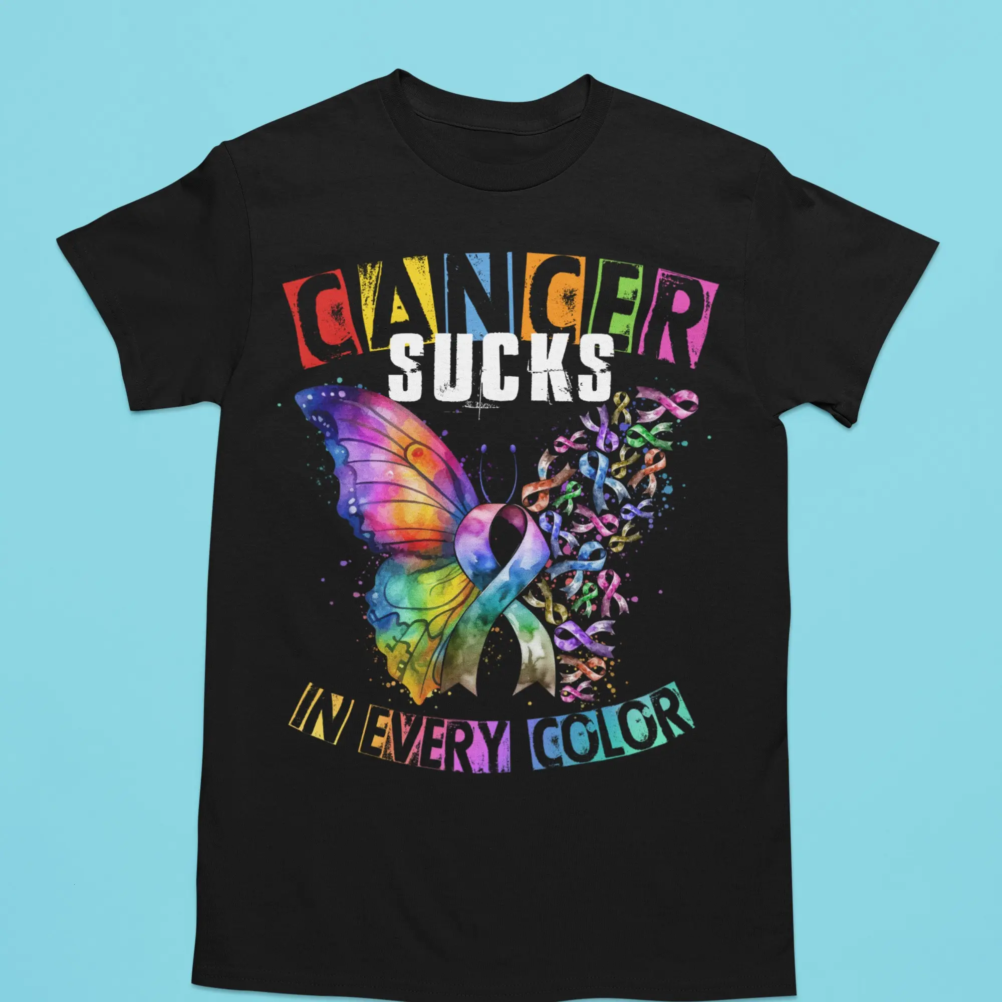 Gildan Lady's Casual Shortsleeve T-shirt with "Cancer Sucks in Every Color" Graphic, Comfortable for Everyday Wear, Bold Statement Gift Idea