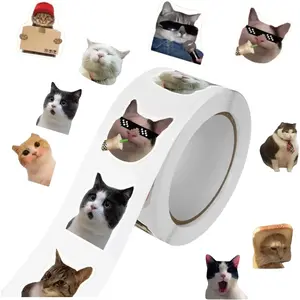 Cat Pattern Sticker, 500pcs/roll Cute Cat Face Expression Sticker, Self Adhesive Decorative Sticker for Gift Greeting Card & Envelope,Christmas Gift Label Sticker,