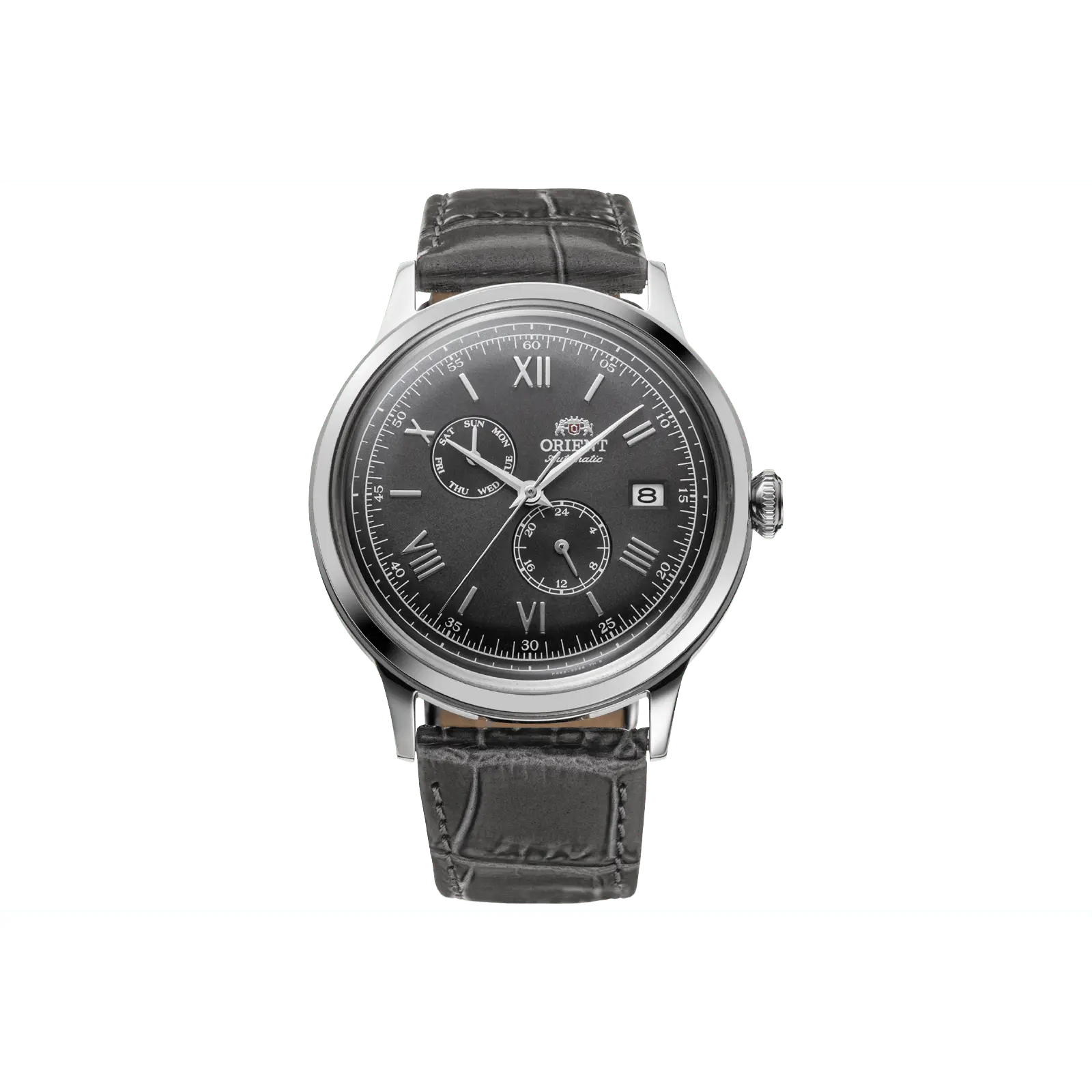 Orient Bambino V8 Unisex Dress Analog Watch, 40.5mm Automatic Date Wristwatch with Stainless Steel Case, Day & 24-Hour Subdials and Gray Leather Strap, Mechanical, Casual Business Wristwatch, Modern Wristwatch