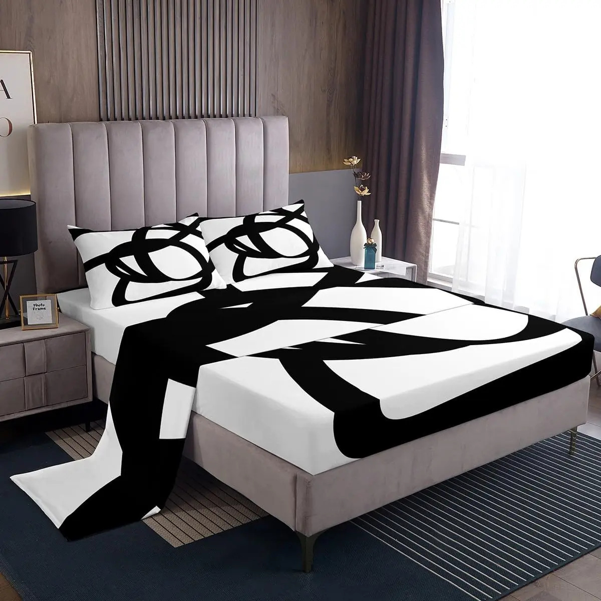 Feelyou Full Size Stripe Pattern Bedding Set - Geometric Black White Deep Pocket Fitted Sheets, Abstract Art Linens, Breathable Durable Soft Sheets, Breathable Durable Sheets, Soft Breathable Sheet