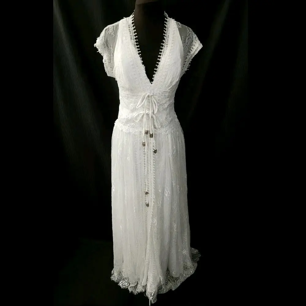 Women's Size 10 White Boho Wedding Dress with Intricate Lace Overlay