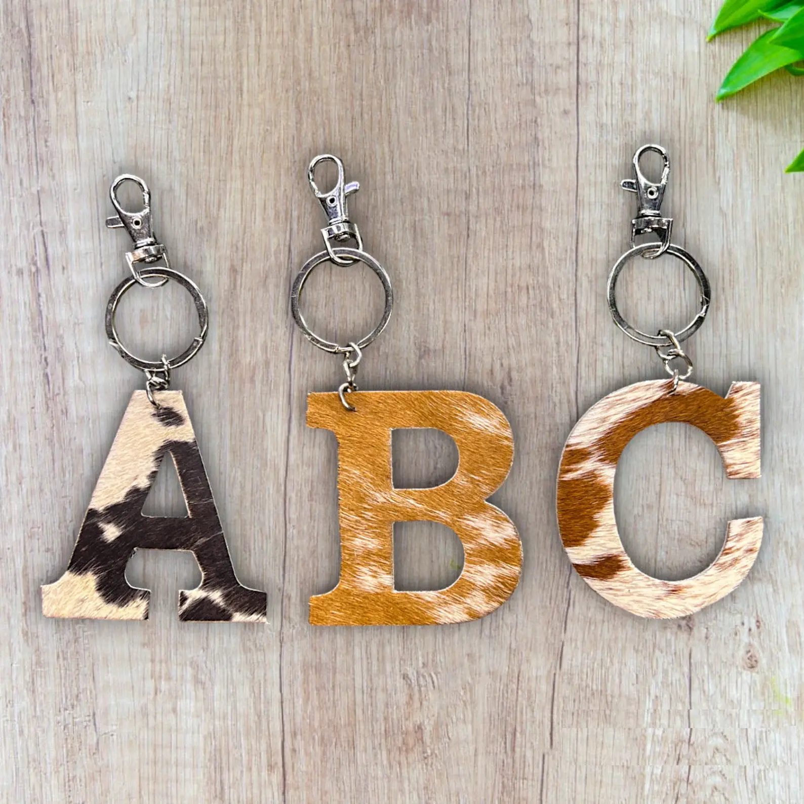 Cowhide Initial Keychain - Leather Alphabet Monogram Key Ring | Cow Print Keychain | Western Leather Gifts, Name Keychains, Gifts for Her