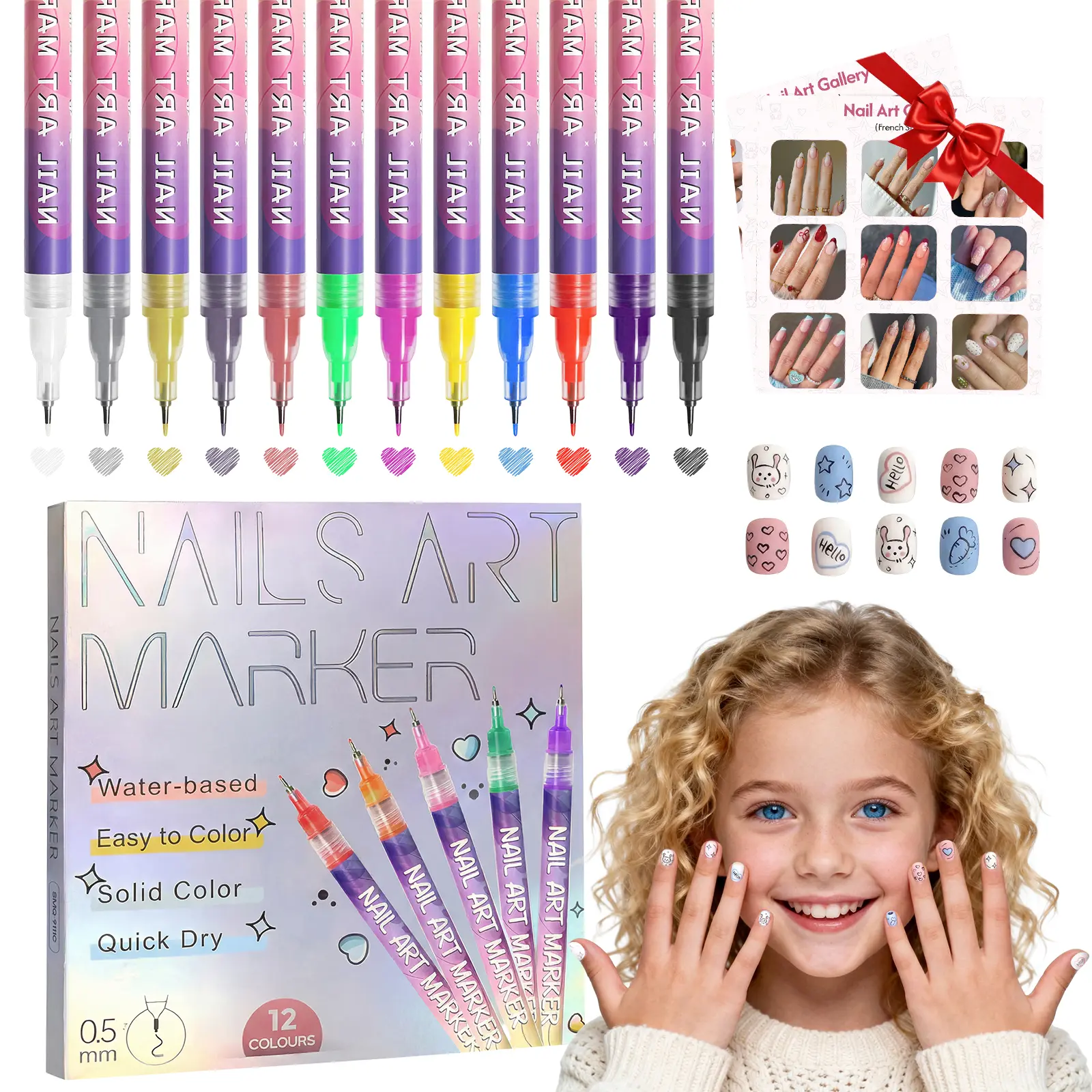 12-Color Water-Based Nail Art Pens Set, 0.5mm Fine Tip Doodle Pens for Manicure & Nail Care, Waterproof Quick-Dry Safe Odor-Free Lightweight Cosmetic Tools, Ideal Gift for Women (Salon-Ready)