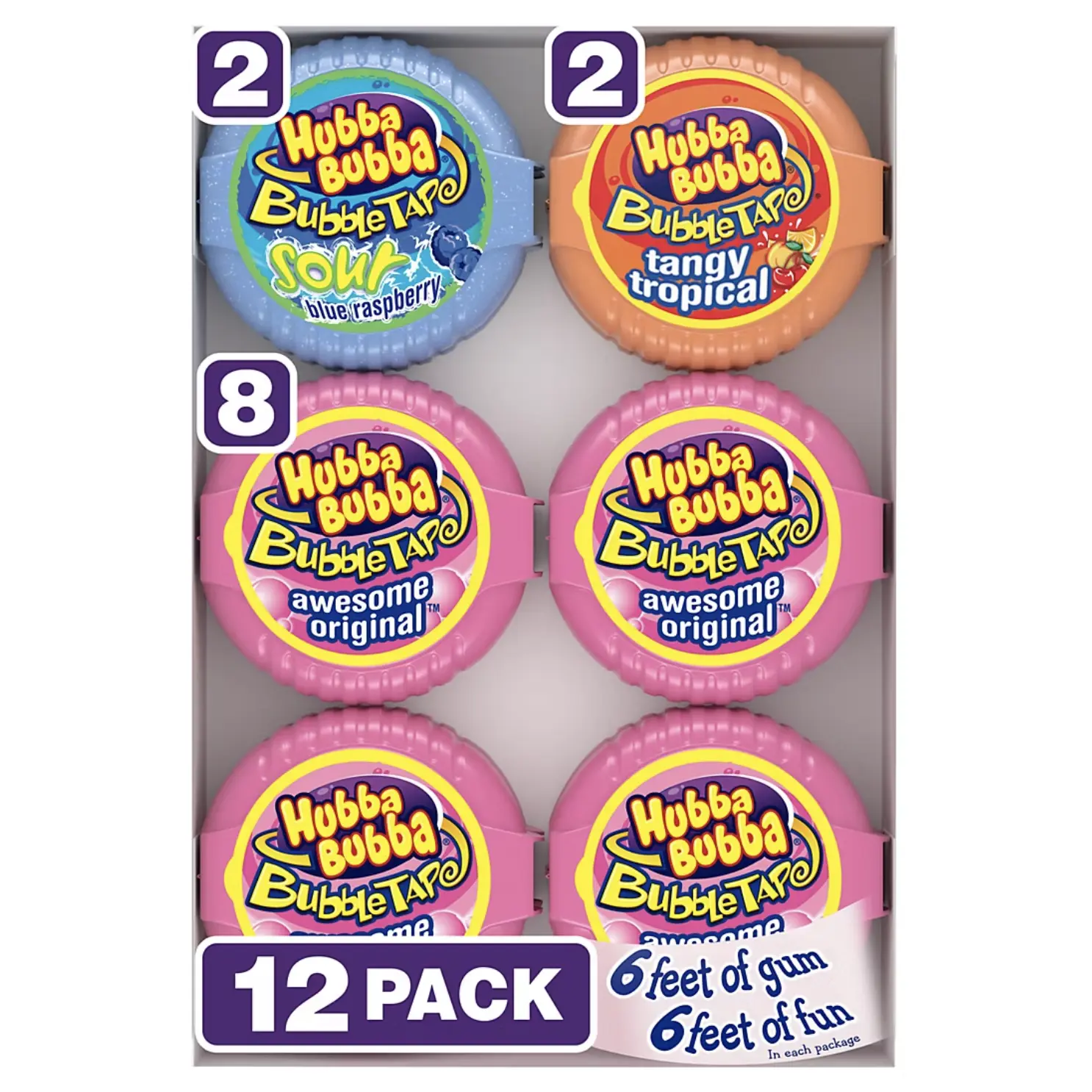Hubba Bubba Bubble Gum Tape, Variety Pack, 6-Foot Roll, 12 pack
