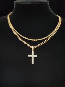Hip Hop Twist Chain Necklace with Rhinestone Cross Pendant Unisex Stainless Steel Jewelry Set Birthday Gift Street Style Accessories