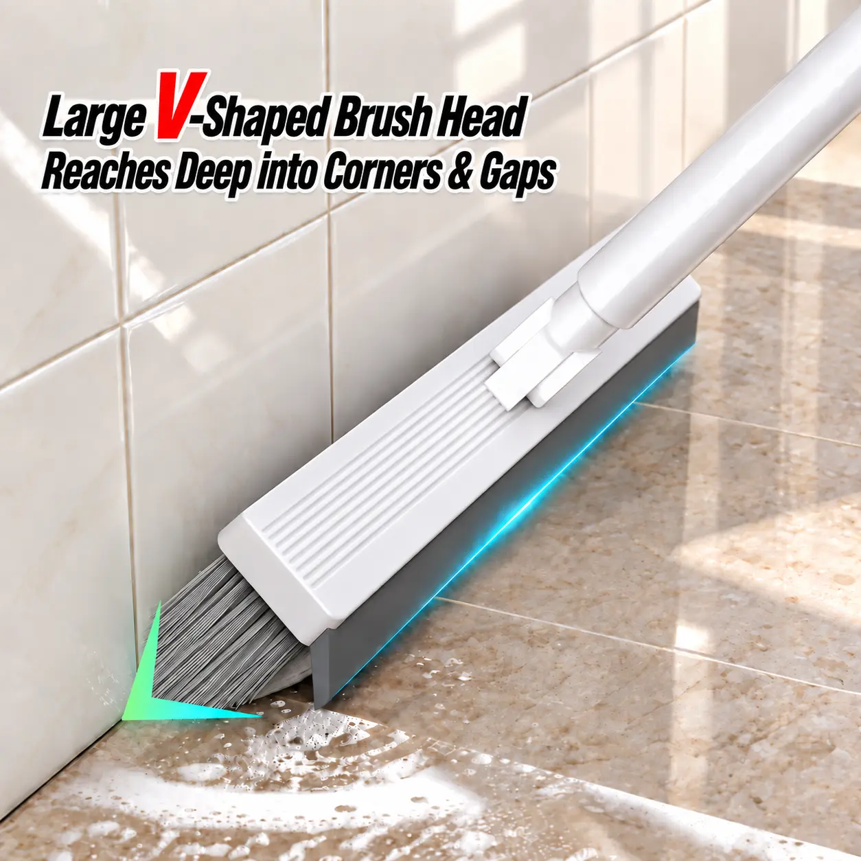V-Shaped Floor Scrub Brush with Long Handle and Squeegee, Grout Cleaning Brush for Tile Floors, Bathroom Corners and Shower Walls, Multipurpose Scrubber for Kitchen Floors, Narrow Gaps, Tile Joints and Hard-to-Reach Areas, Household Cleaning Tool push