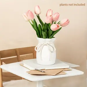 1Pc plastic Pleated Jute Vase - Cloud Rim Ceramic-like, Shatterproof for Entryway Table, Dried Fake Flowers, Flower Arrangement Vase, Decorative Vase, Nordic Farmhouse Decor, home decor, holiday decor
