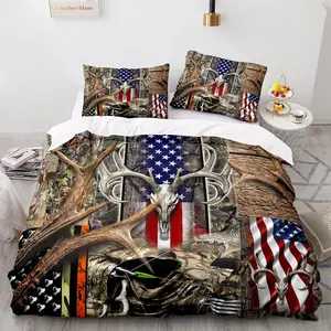 Camouflage Deer & American Flag Pattern Bedding Set, 2/3 Counts/set Including 1 Duvet Cover & 1/2 Pillowcase, Soft Comfortable Bedding Set for Home Bedroom, Decorative Bedding Set