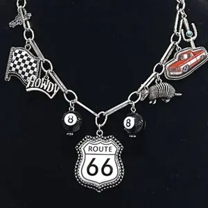 Route 66 Charm Necklace with Classic Car, Checkered Flag, and Number 8 Beads for Retro Style