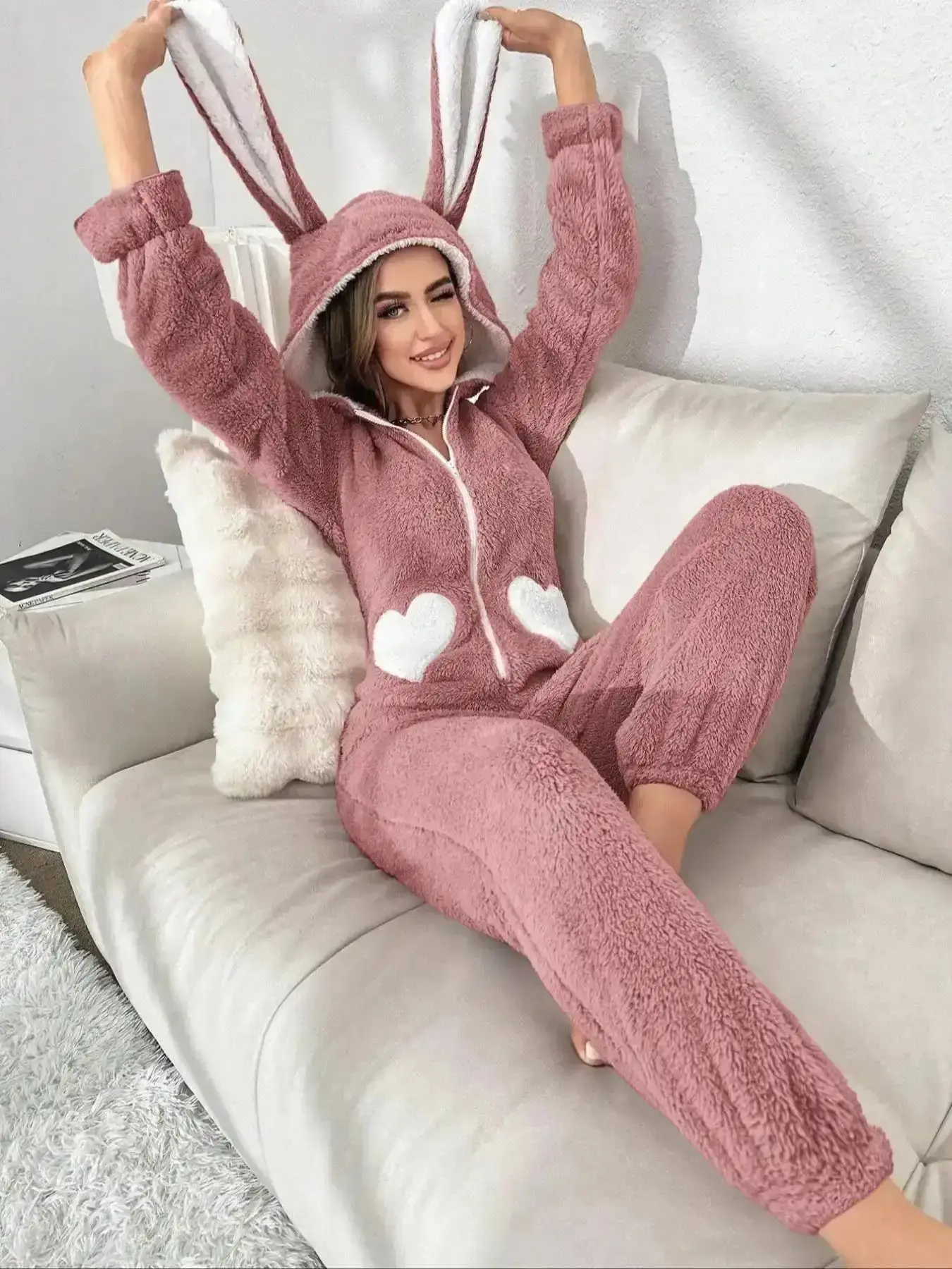 Women's Heart Pattern 3D Rabbit Ear Design Loungewear Hooded Onesie, Cute Zipper Long Sleeve Sleepwear Pajama, Casual Comfy Soft Flannel Sleepwear for Fall & Winter, Sleep Easy, Comfortable, Ultra Soft