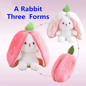 Transformable Bunny Plush Toy, Adorable Fluffy Rabbit Design, Snuggly Companion, Convertible Into Strawberry Carrot Shape, Ideal Gift for Kids, Fun，Perfect Gift for Girls on Valentine‘s, Birthdays, Easter，Cute Eater Basket Gift，Mother's Day