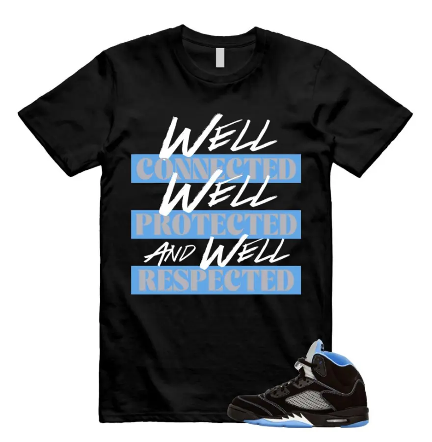 WELL Shirt To Match 5 Retro Black University Blue White 2026, Black/University Blue Sneaker Matching Shirt, Cotton Unisex Graphic T-Shirt