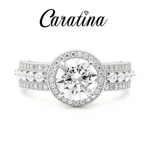 Caratina S925 Sterling Silver Cubic Zirconia Halo Ring Round Cut Plated Lab-Created Hypoallergenic Perfect Birthday Mother’s Day Unisex Christmas Gift for Men Women Wedding Set Engagement Ring Statement Ring