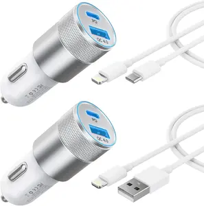 Car Charger, [Apple MFi Certified] 48W Cigarette Lighter iPhone Car Charger Fast Charging with USB-A and USB-C to Lightning Cable for Carplay, Car Accessories for iPhone/iPad/Airpods