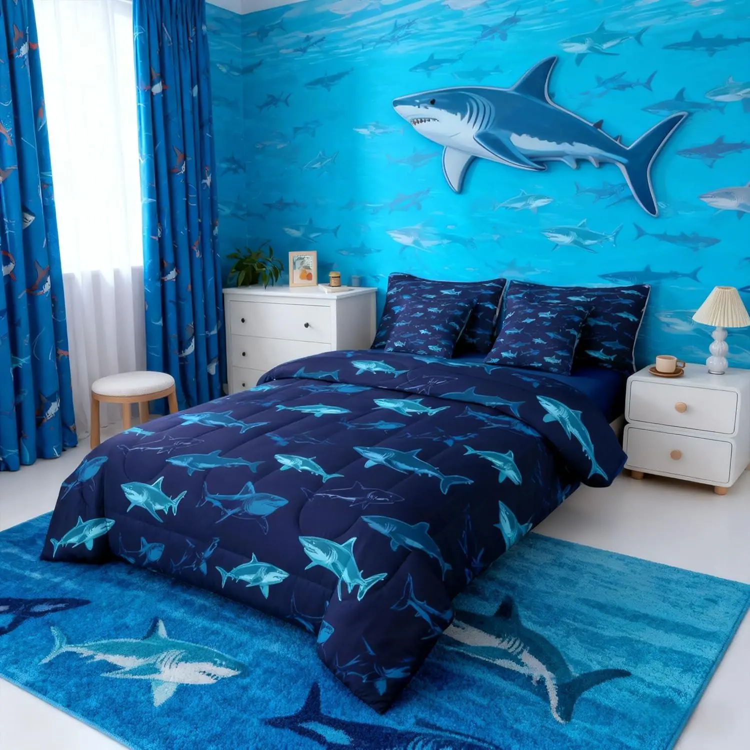 Boys Navy Blue Bed in A Bag 7 Piece Ocean Deep Shark Comforter Set with Sheets for Kids Teen Men Deep Sea Animal Bedding Marine Life Bed Set,Sharks Theme Bedroom Decor