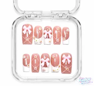 GakuNails BALLERINA BLUSH #2 10 PCS Medium Almond Handmade Press On 3D Bowtie Flower Builder Gel selectable size Reusable Nails