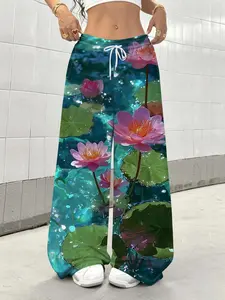 Trendy High Waist Loose-Fitting Wide Leg Pants with Water Lotus Print, Casual Smooth Relaxed Trousers for All Seasons, Unique Eye-Catching Streetwear