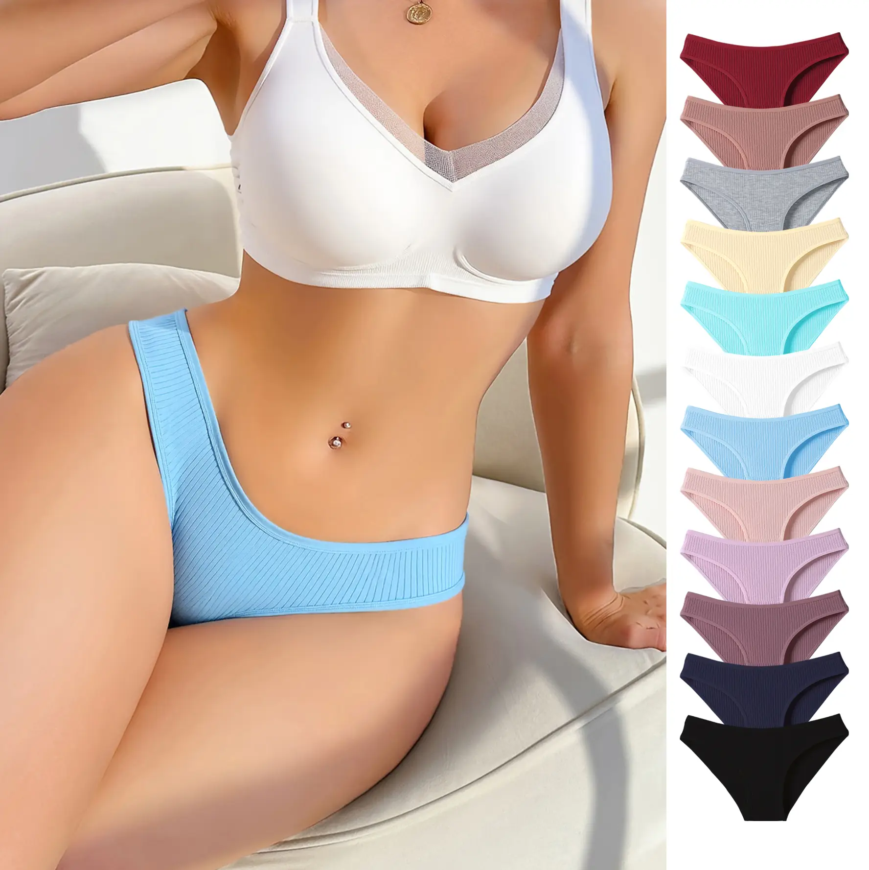 Hotcom 12 Pack Ladies' Panties Pure Cotton Thread Breathable Vertical Striped Texture Feel Full Cotton Mid-Waist Briefs Ribboned Briefs for Everyday W