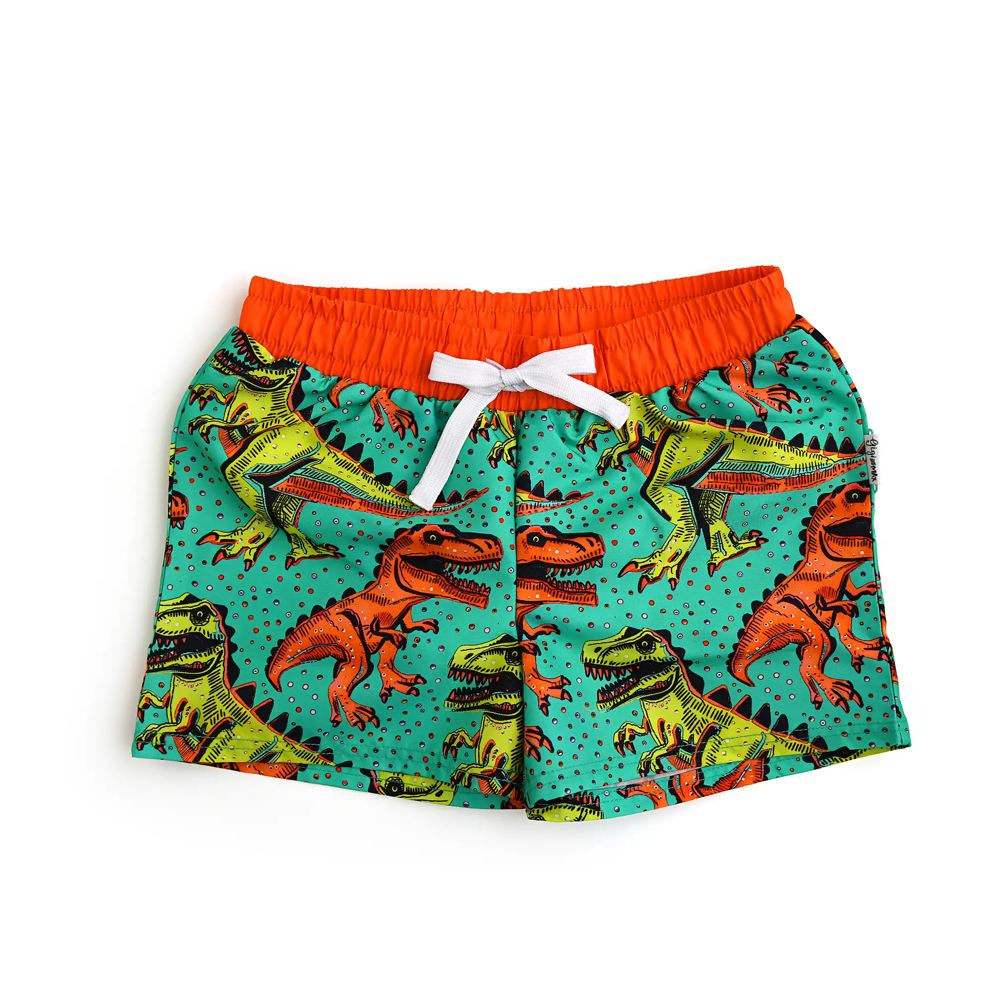 Drew Dino Summer Sun SHORTS Boys UPS 50 SUN Safe Play Neon Orange and Teal Gigi and Max