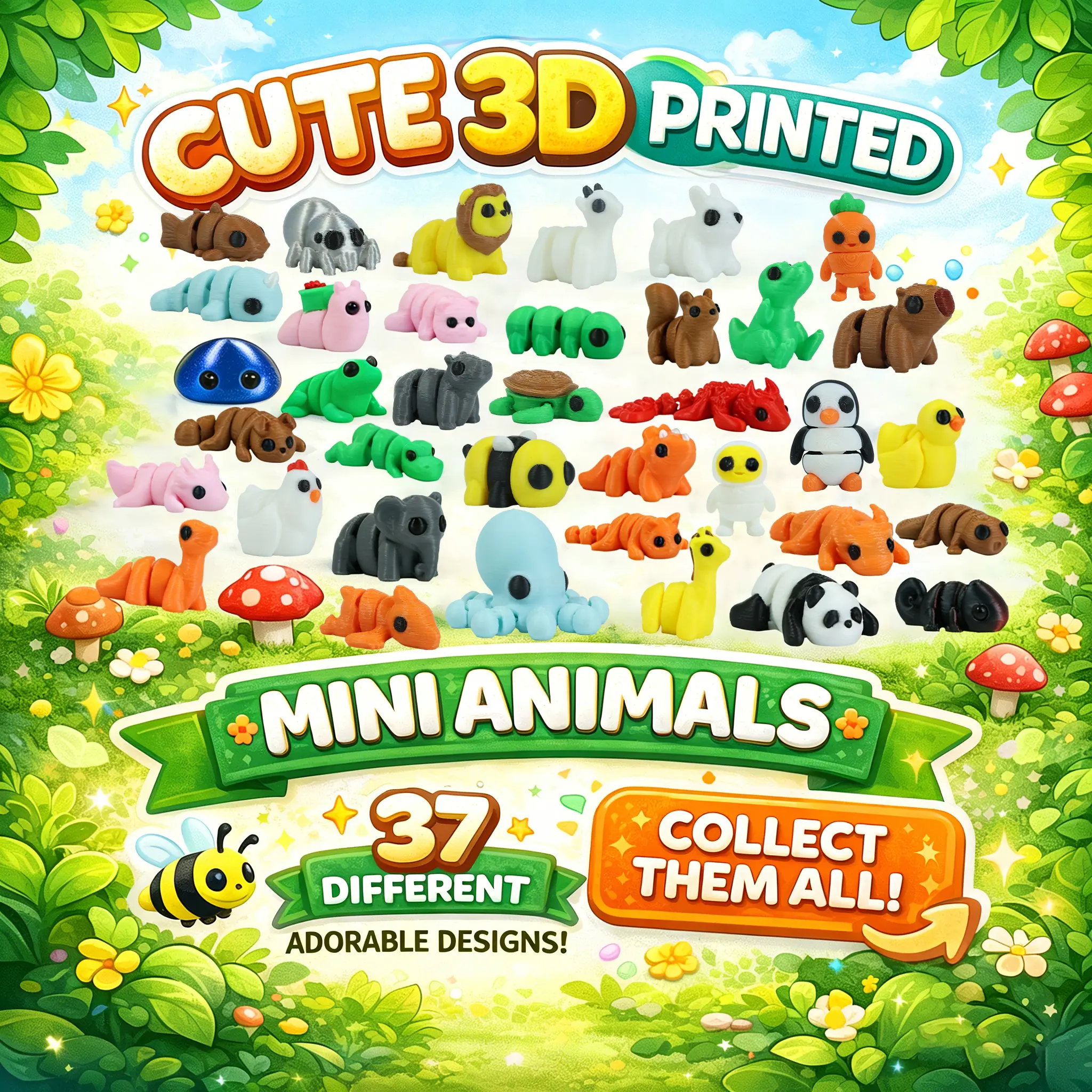 37 PCS Mini 3D Printed Animal Figurines Set, Cute Articulated Fidget Desk Figurines, Snap-On Sensory Animal Figurines, Flexible Mini Animal Figurines, Party Favors, Stocking Stuffers, Classroom Rewards, Birthday Gifts, Cute Desk Pets