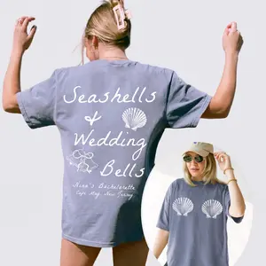 Women's Oversized Ribbed Round Neck Streetwear T-Shirt - BojjiCo Personalized Seashells, Mermaid & Wedding Bells Graphic, Matching White Cotton Blend Fabric, Cape May NJ Bridal Shower Gift for Bridesmaids