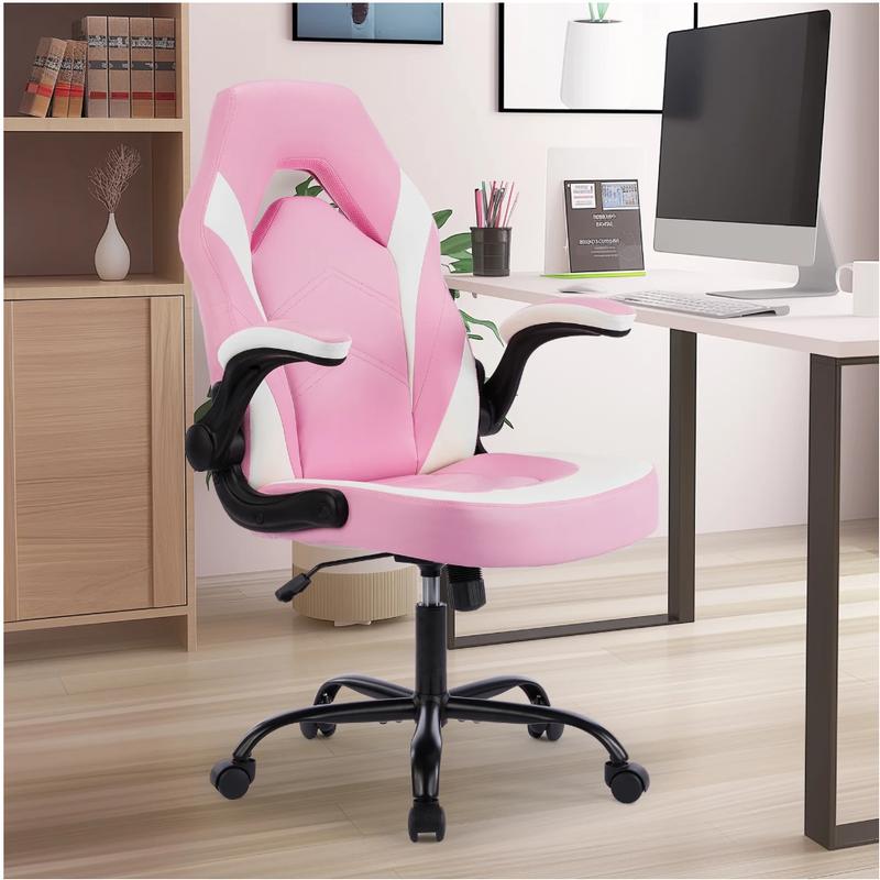 Ergonomic PU Leather Computer Gaming Chair, Adjustable Swivel Racing Chair with Flip-up Armrest, Pink White