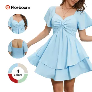 Florboom Women's Sweetheart Knot Front Mini Dress,Flutter Sleeve Layered Ruffle Hem A-Line Short Dress, Lightweight Summer Fit & Flare Dress for Vacation, Parties, and Everyday Style