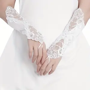 Elegant White Lace Fingerless Gloves with Rhinestone Accents - Delicate Floral Pattern Bridal Accessory for Weddings, Proms, and Special Occasions