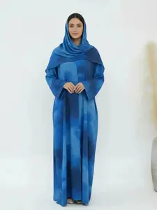 Cool Streetwear Matching Set, New Muslim Tie-Dye Robe Set with Headscarf, Long Sleeve Casual Fashion, Includes Pockets, for Ramadan, Abaya Hijab Islamic Clothing, Match Style, Coord, Cozy, , Comfort, Wear, Outfit