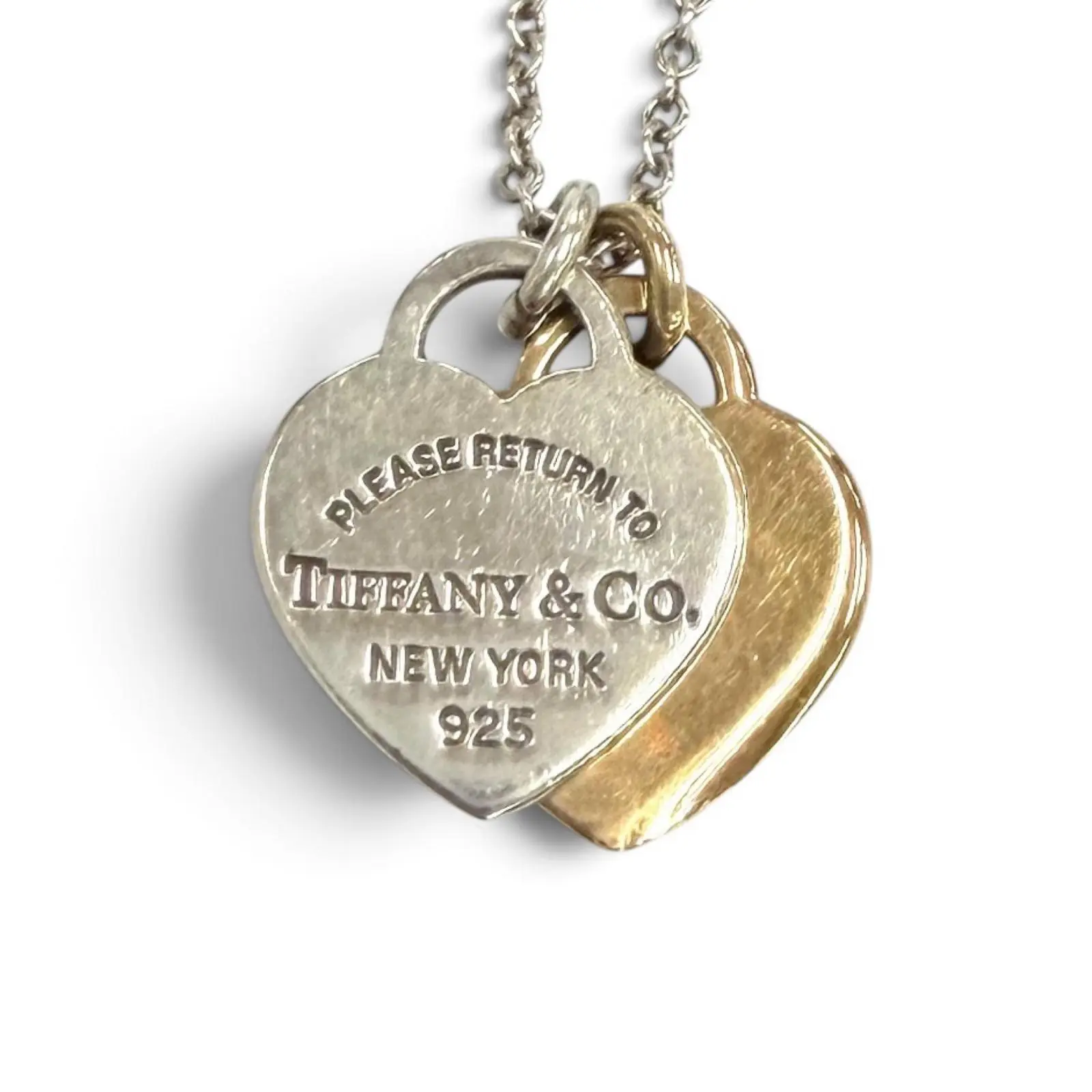 Pre-owned Tiffany & Co. Sterling Silver 925 (Ag925) Small Leather Goods Mini Double Heart Tag AG925 750 Necklace