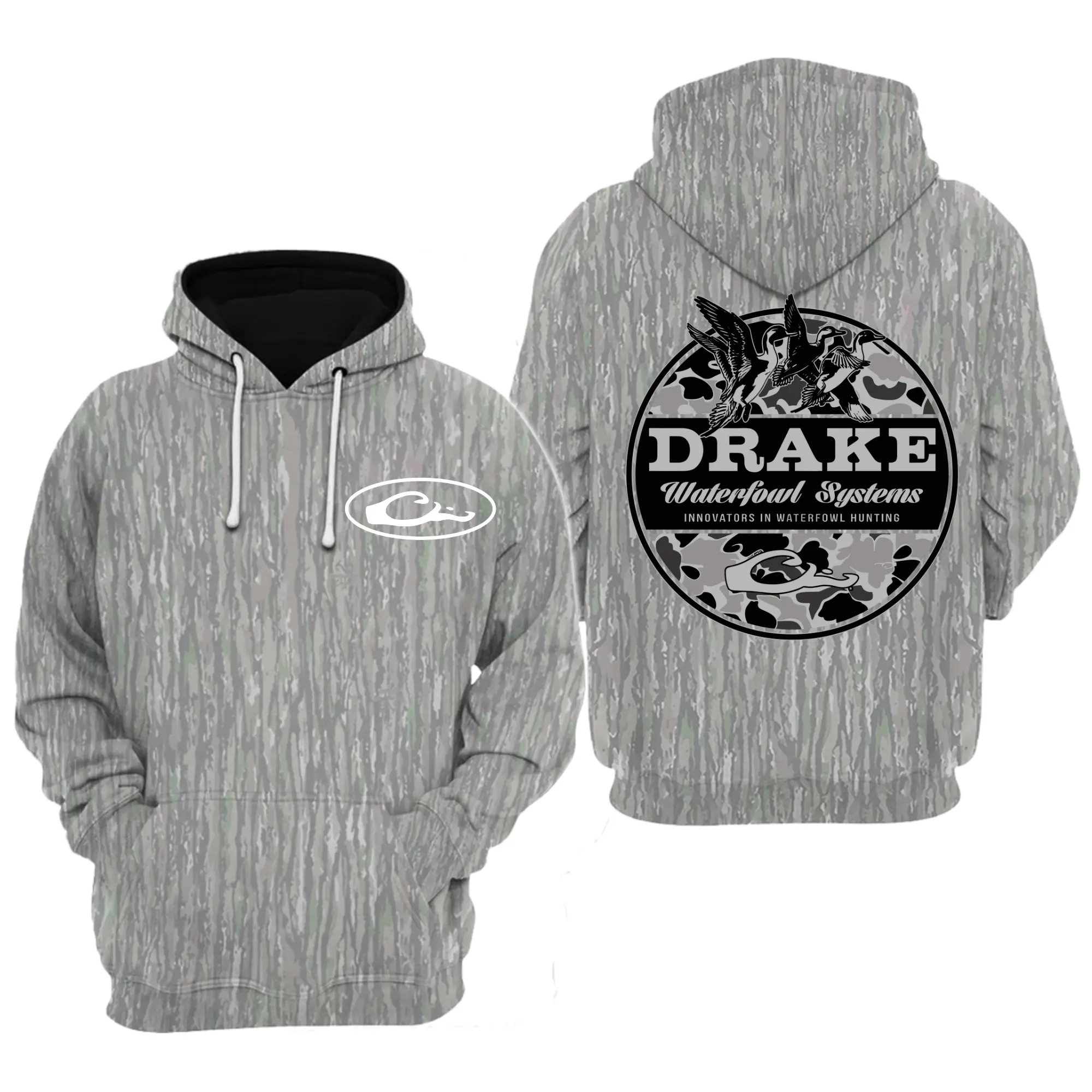 Drake Waterfowl 2 Sided Camo Hoodie 2, Men's Hunting Camo Hoodie, Mosy Oakk Bottomland , Vintage 3D , Gift Idea, Gift for Dad or Husband,Perfect For Outdoor Enthusiasts