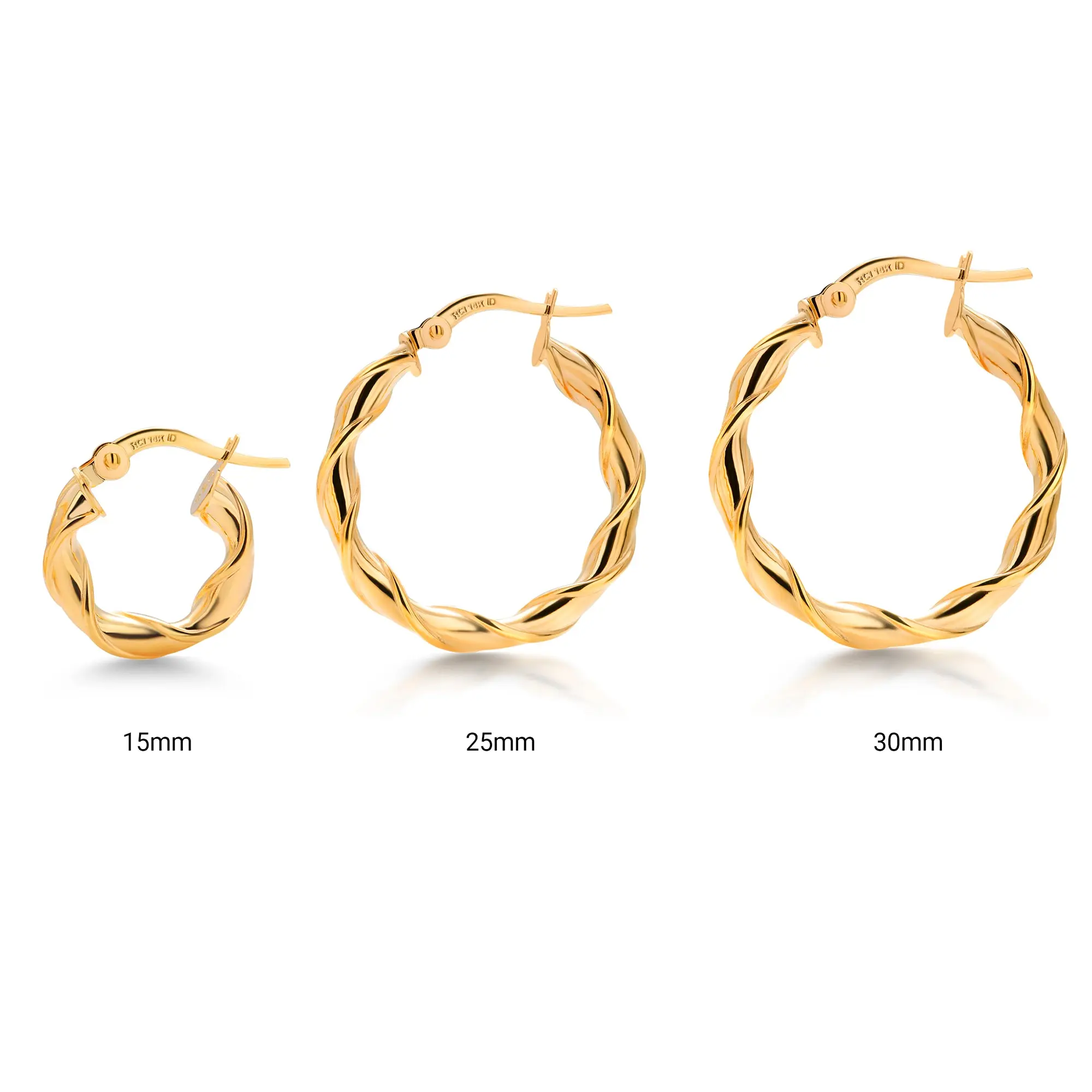14K Solid Yellow Gold  15mm, 25mm, and 30mm Twisted Hoop Earrings, Gold Twisted Hoop Earrings, Hinged Clasp Hoop Earrings, Gold Hoop Earrings