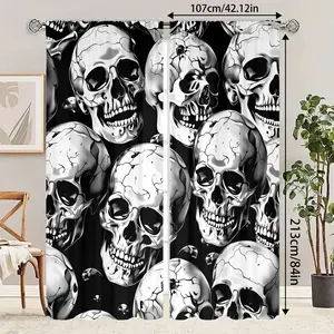 2-piece Gothic style Dark Skeleton Digital Printed Curtains - Machine Washable Polyester Fiber Material, Translucent, Top Rod Bag Design, Home Decor, 2D Flat, Bedroom, Living Room, Kitchen Universal Curtains
