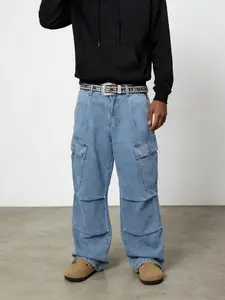 Trendy Fashion Streetwear Cargo Pants, Men's Denim Jeans Washed Trendy Cool Big Pockets Casual Plain Long Wide Leg Pants, Loose-Fitting All Seasons