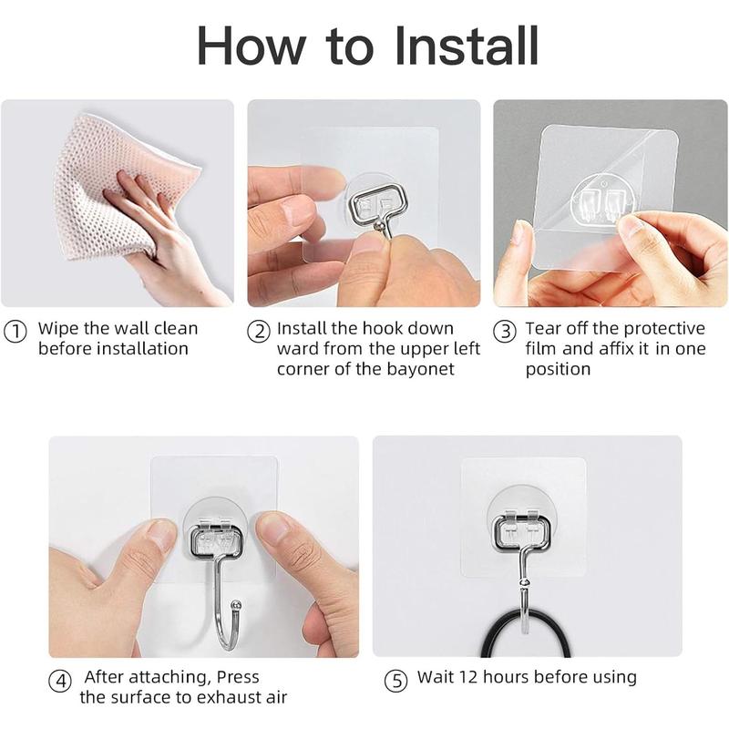 Large Heavy-Duty Adhesive Wall Hooks 44Ib Max 20 Packs Traceless Clear Removable Waterproof Rustproof for Kitchen Bathroom Home Organizer