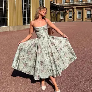 100% PURE Women's Green Floral Print Chic Cotton Blend Spaghetti Straps Low Waist A-Line Mid-Calf Midi Dress, Regular Fit Prairie Chic 2025 Summer Holiday Party Formal Vestido