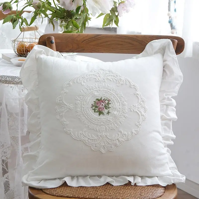 Lace Embroidered Throw Pillow Cover, 1 Count Floral Embroidered Decorative Cushion Cover Without Filler For Home Sofa Bed
