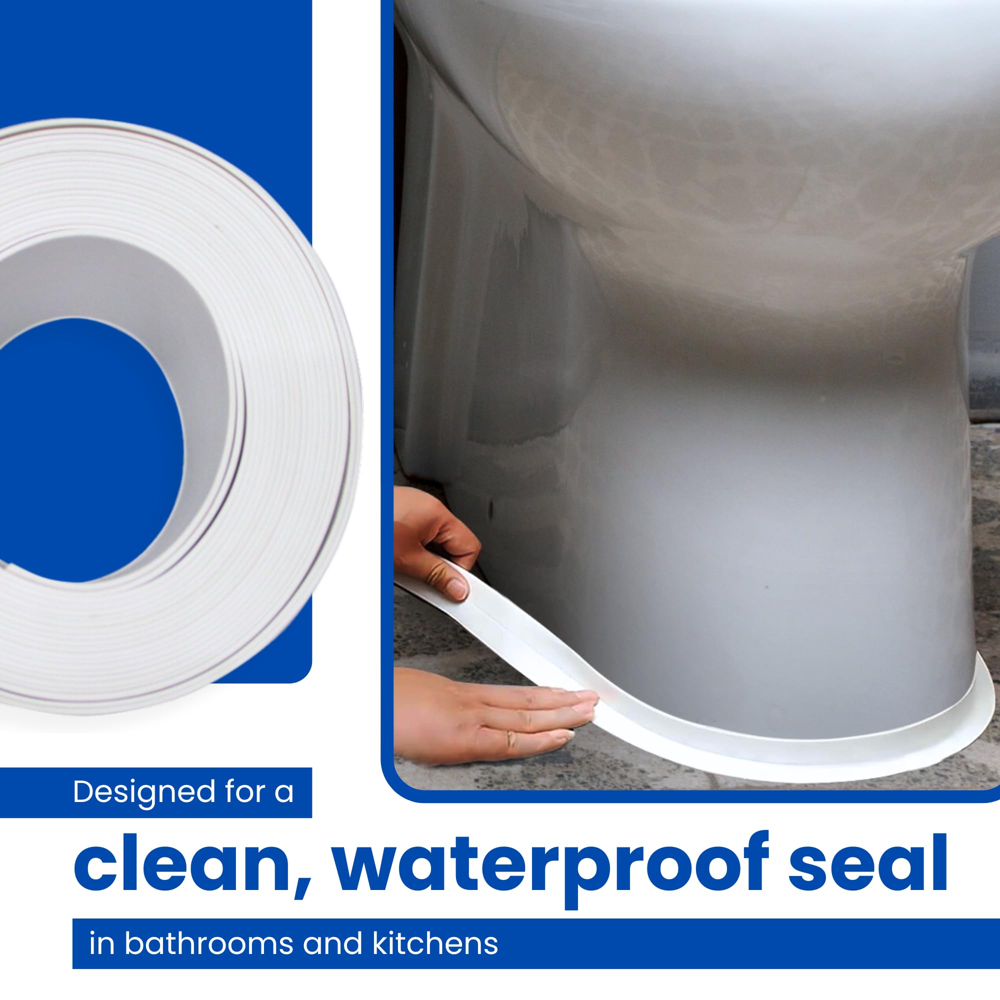 Waterproof Self-Adhesive Caulk Tape (1.5" Wide Coverage x 10.5Ft Long Run) - PVC Sealing Tool with Waterproofing, Built for Bathroom Moisture Exposure, Kitchen Edge Seal, Flexible Seal for Toilet Base