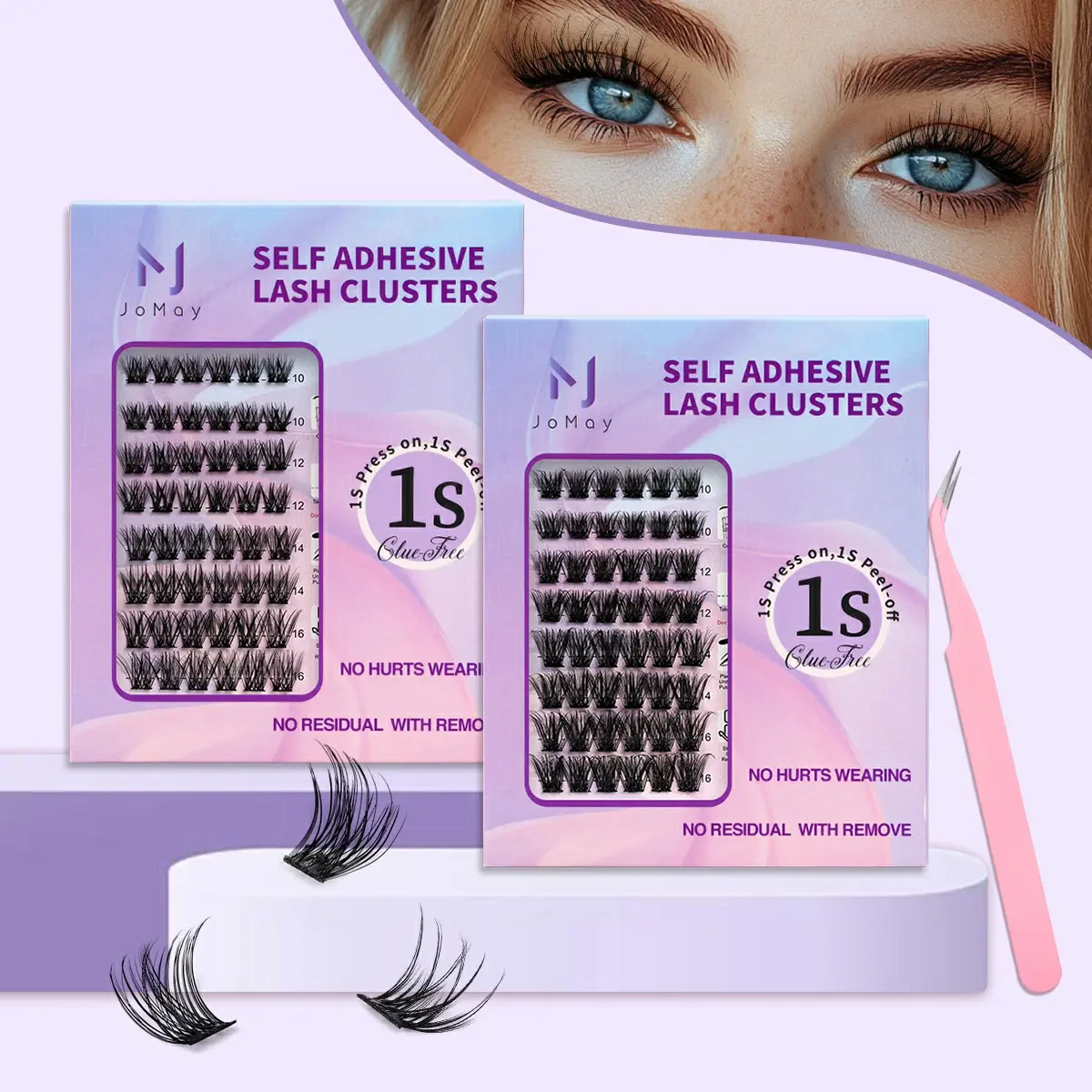 JoMay  1st Gen Cluster Lashes Self-Adhesive Lashes Extension Kit,No Glue Lash, DIY ,Makeup Eyelashes，lashes clusters kit， extension，Fast Easy, Water-Resistant (Not Soakable) ,24h,sensitive eyes,Soft Lifted Cluster Lashes, Cosmetic