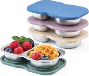 4 Pack Small Stainless 2-Compartment Snack Containers with Lids, Reusable Snack Pack Containers, Box Accessories,Compartment Salad Dressing Containers, 5.3oz