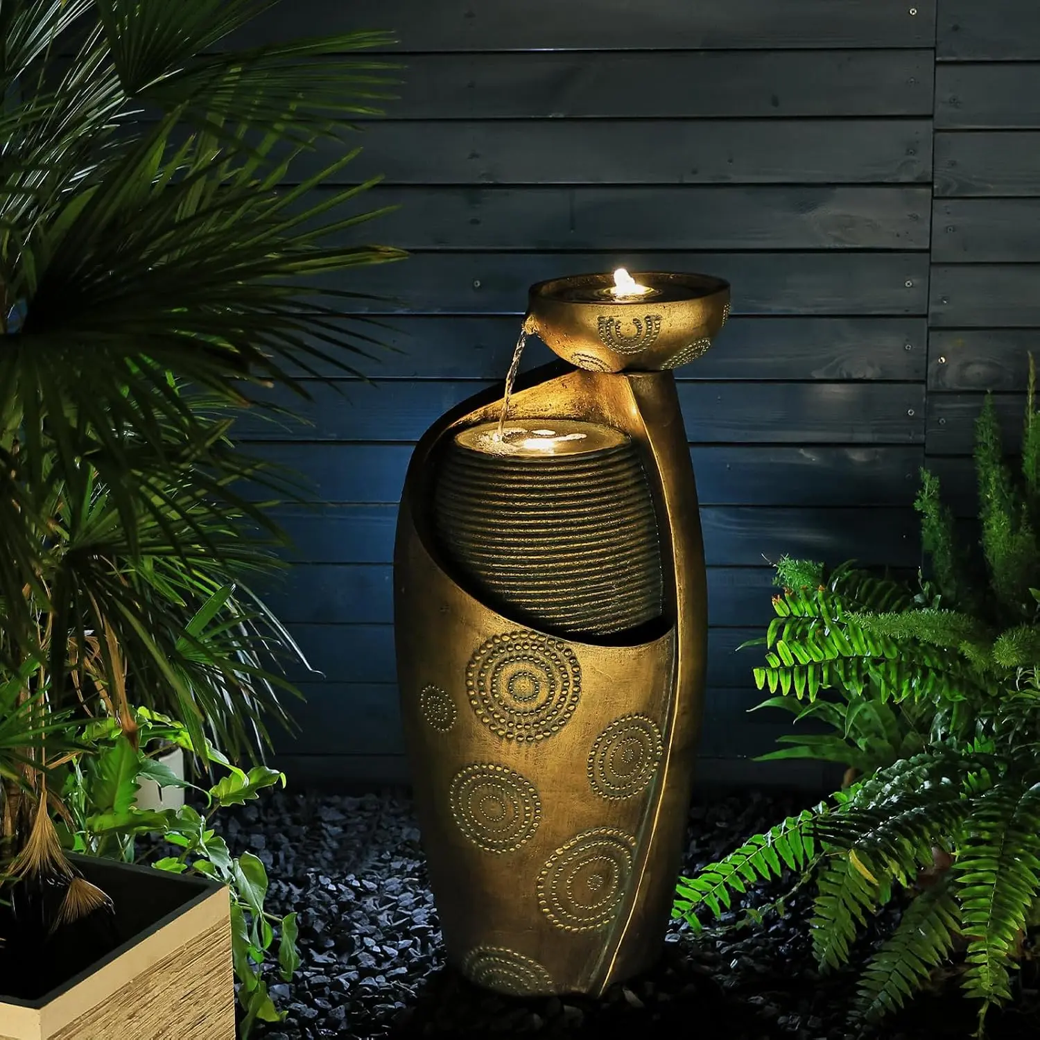 Tankana 32-in Goldish-Bronze Floor Standing Water Fountain, Indoor-Outdoor Garden Jar Waterfall with LED Light & Pump for Home Decor, Patio Deck