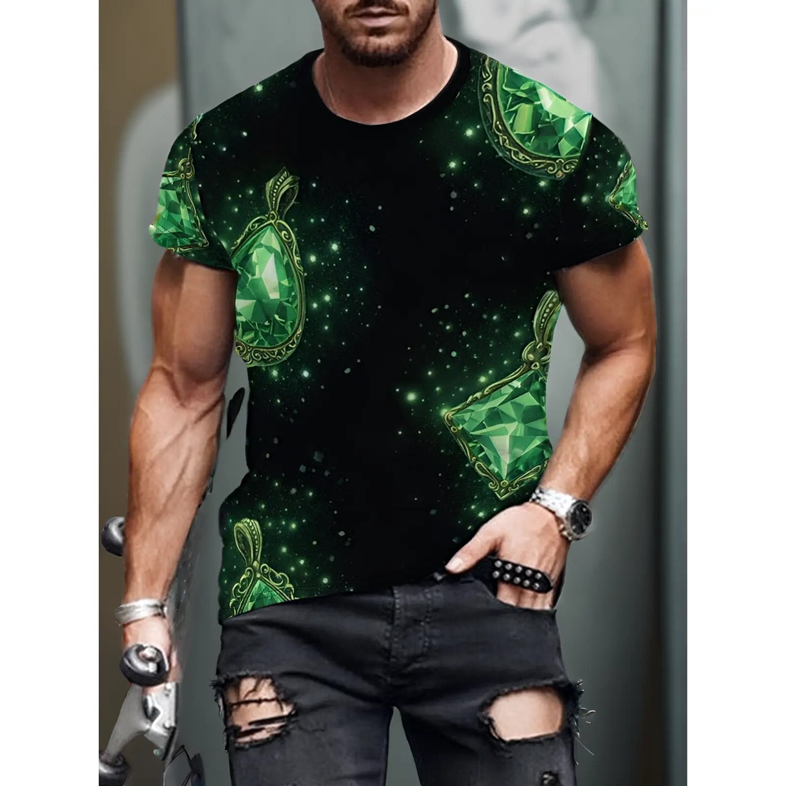 Comfortable And Breathable MenS Top, Emerald Green Digital Print Round Neck Short-Sleeve T-Shirt, Trendy Emerald Green Printed MenS Short-Sleeve European And American Style Round Neck T-Shirt, PLUS SIZE