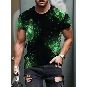 Comfortable And Breathable MenS Top, Emerald Green Digital Print Round Neck Short-Sleeve T-Shirt, Trendy Emerald Green Printed MenS Short-Sleeve European And American Style Round Neck T-Shirt, PLUS SIZE