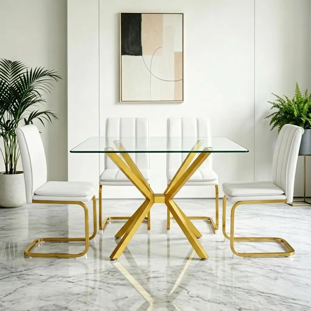 Modern Rectangular Tempered Glass Dining Table, 47.24" Clear Kitchen Table with Gold Metal Legs for Dining Room, Space-Saving & Easy Assembly for Small Homes diamond furniture