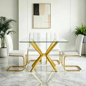 Modern Rectangular Tempered Glass Dining Table, 47.24" Clear Kitchen Table with Gold Metal Legs for Dining Room, Space-Saving & Easy Assembly for Small Homes diamond furniture