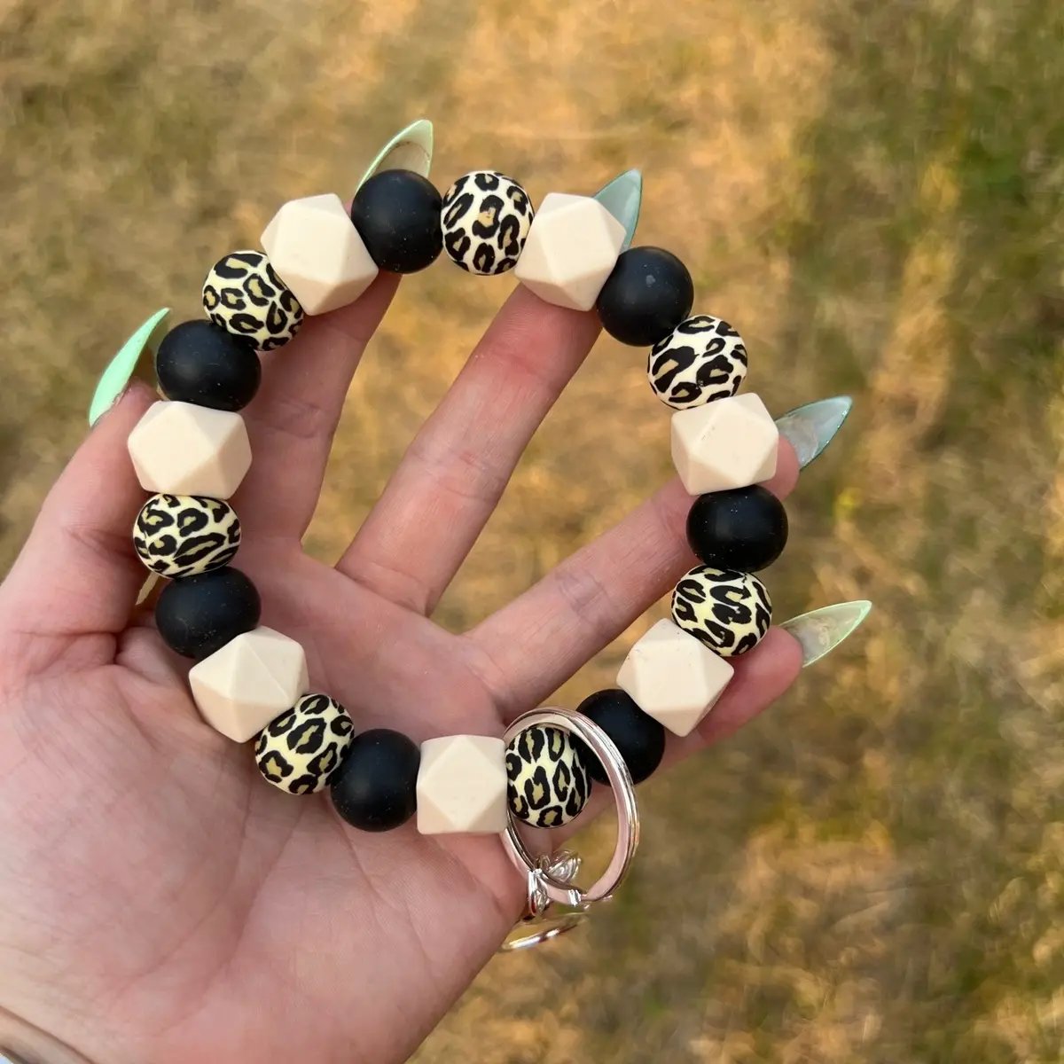 Black Leopard Print Silicone Beaded Keychain Black Leopard Print Silicone Beaded Keychain
