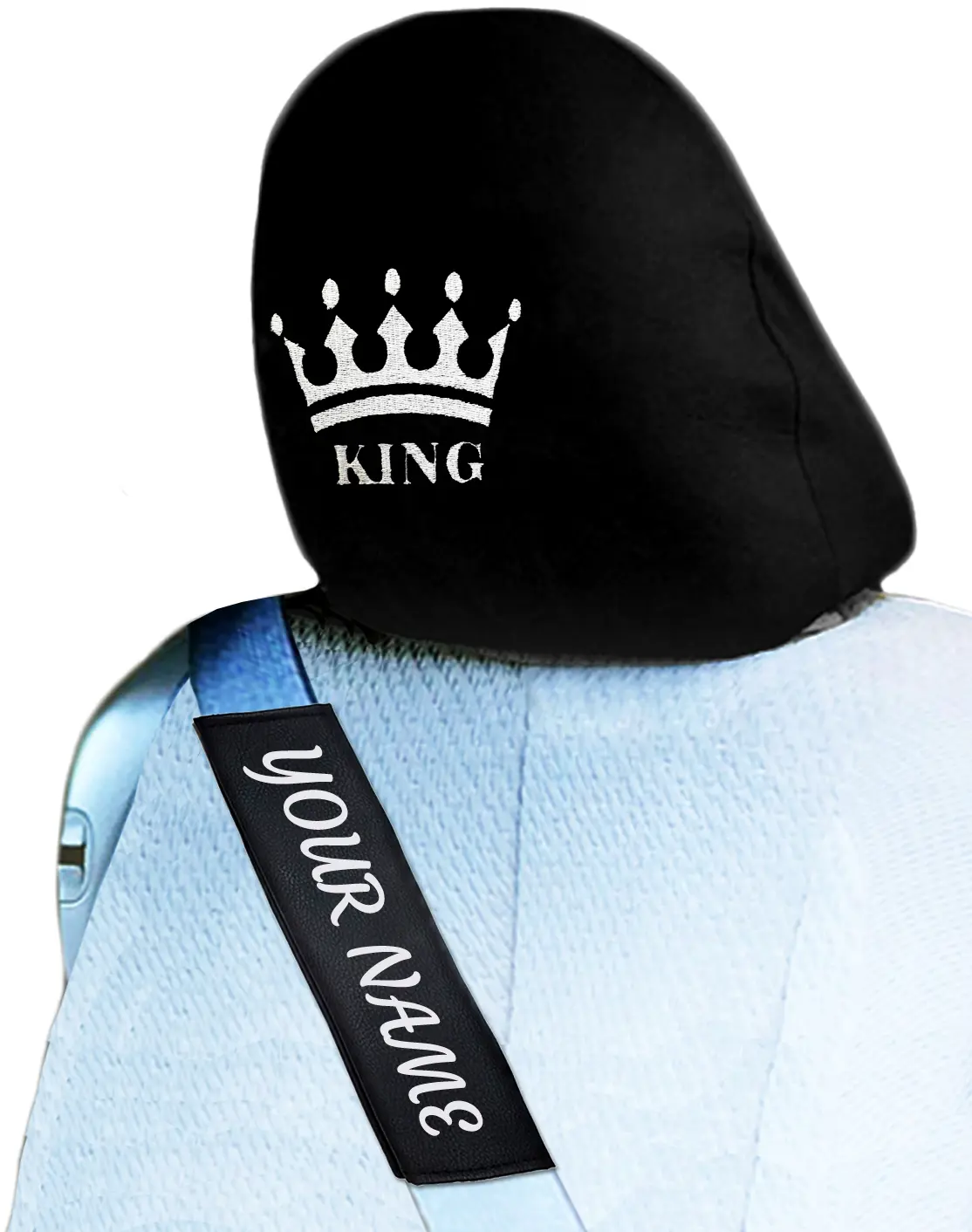 YUPBIZAUTO King Headrest Cover & Personalized Seat Belt Pad, 2-Piece Set