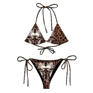 Leopard Skull Graphic String Bikini Set For Women Gothic Animal Print Triangle Swimsuit Tie Side Two Piece Swimwear Sexy Alt Fashion Beach Vacation Pool Party Bathing Suit Summer Outfit