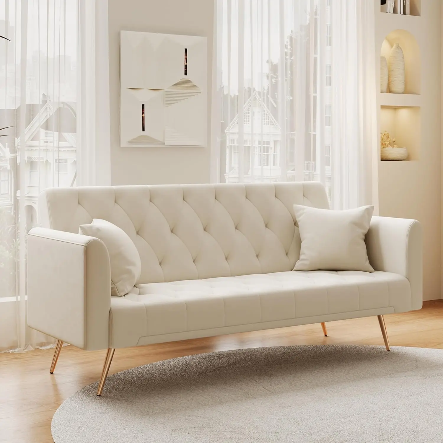 71" Modern Velvet Sofa Bed Futon, Convertible Sleeper Couch with Adjustable Backrest, Tufted Recliner Loveseat with Golden Chrome Legs & 2 Pillows for Small Spaces, Living Room, Apartment (Beige)